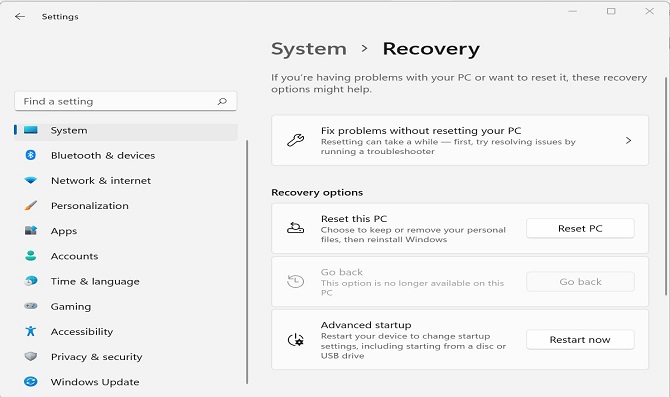 Windows Settings - Recovery