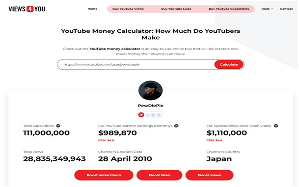 YouTube Money Calculator Tool of Views4You