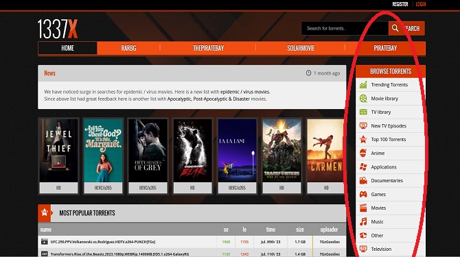 What are the Categories Available on the 1377x.to Torrent