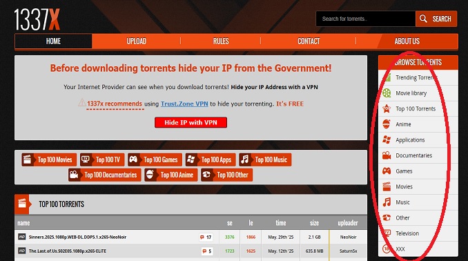 Categories Available on the 13377x Torrent